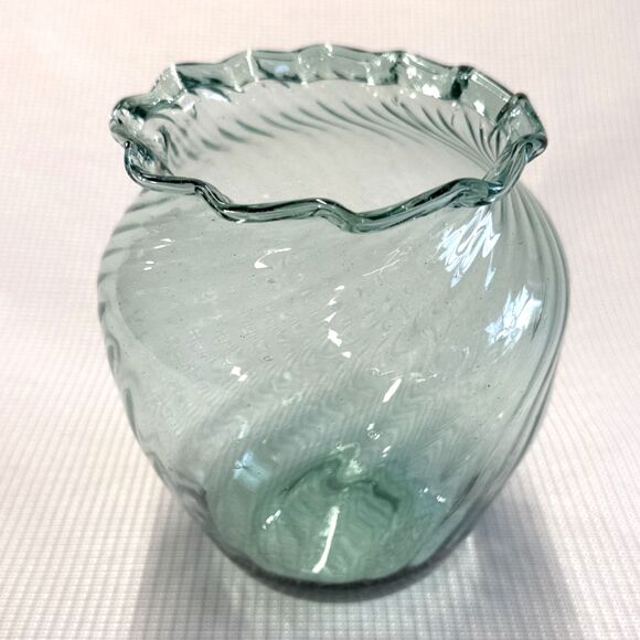 Unmarked Other - Beautiful Vintage Blue-Green Hand Blown Glass 6.5” Tall - Wide Mouth Vase
